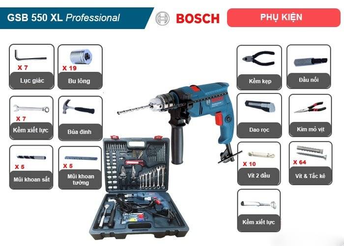 Bộ máy khoan động lực Bosch GSB 550 XL