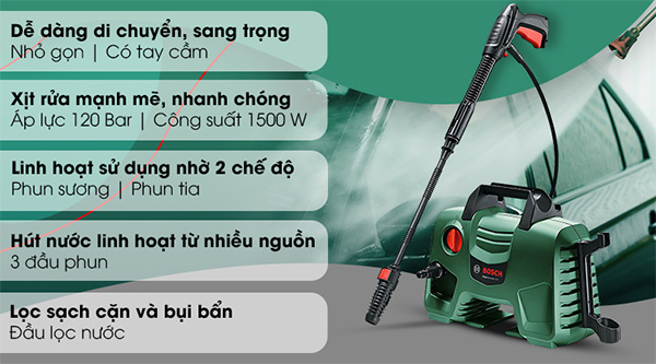 Máy rửa xe gia đình Bosch AQT 120 hoạt động mạnh mẽ với công suất 1.500 W