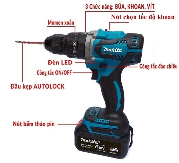Các nút chức năng thường có trên máy khoan pin